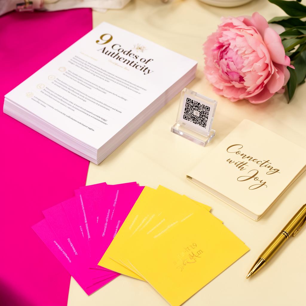 Top-down flatlay of pink A5 worksheets, business cards, and acrylic QR stand
