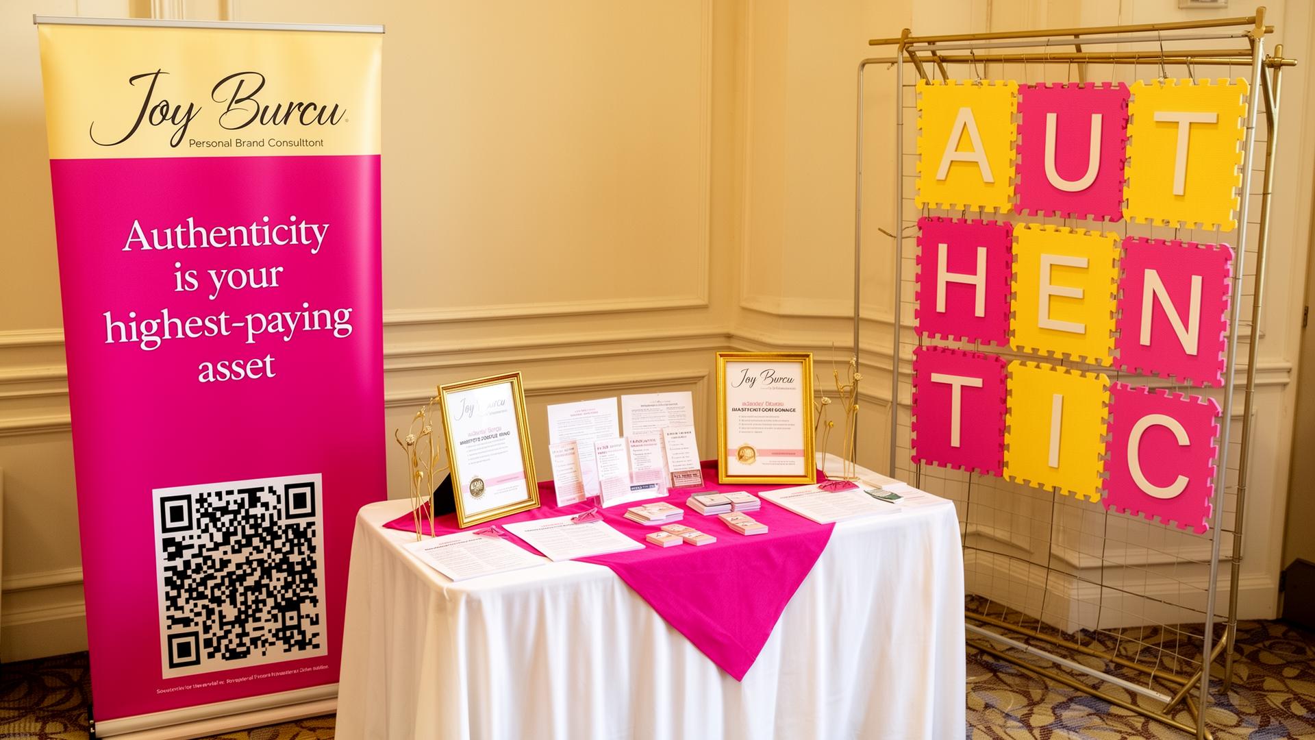 Full booth hero view with pull-up banner and AUTHENTIC framework wall in brand colors