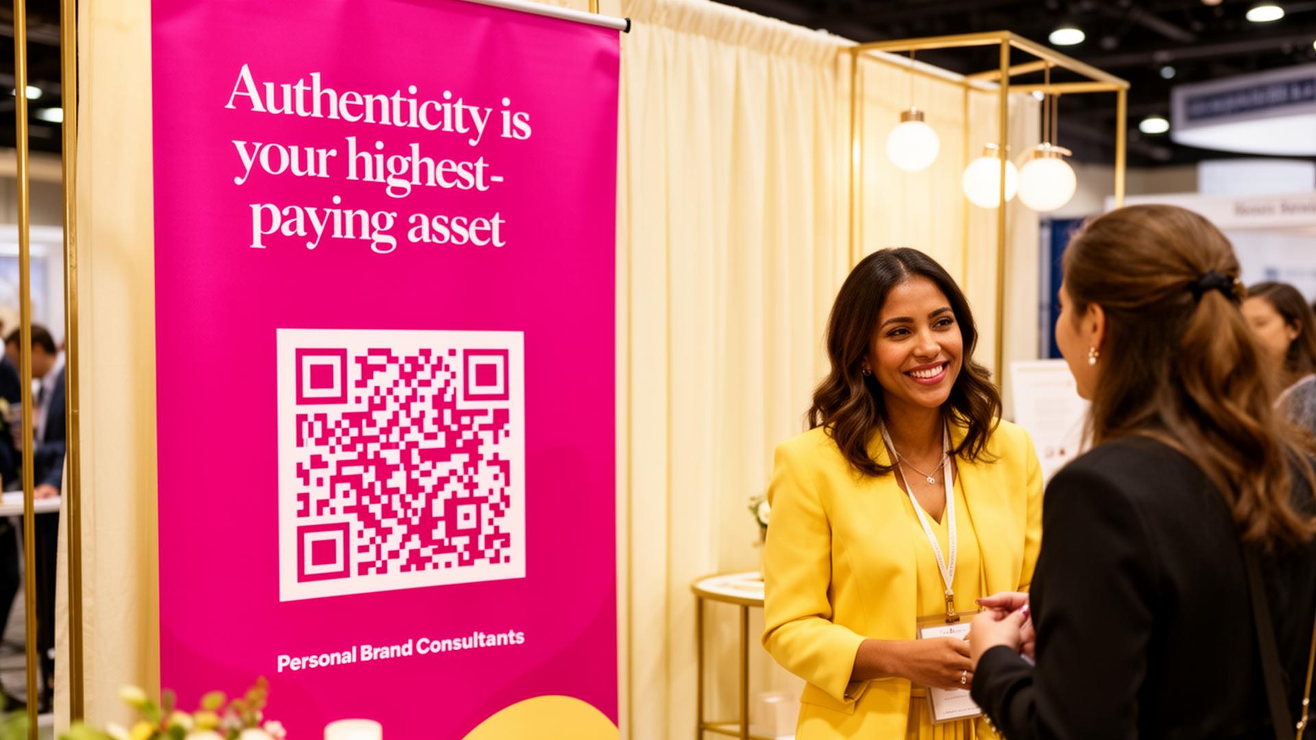 Burcu in conversation with a visitor in front of the brand-pink booth banner